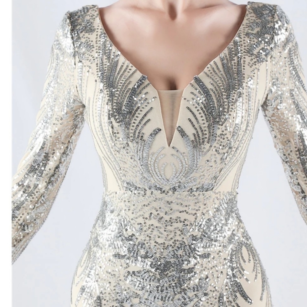 Sequin Silver & Cream Long-Sleeve Evening Gown With Ostrich Feathers - Picture 10 of 16